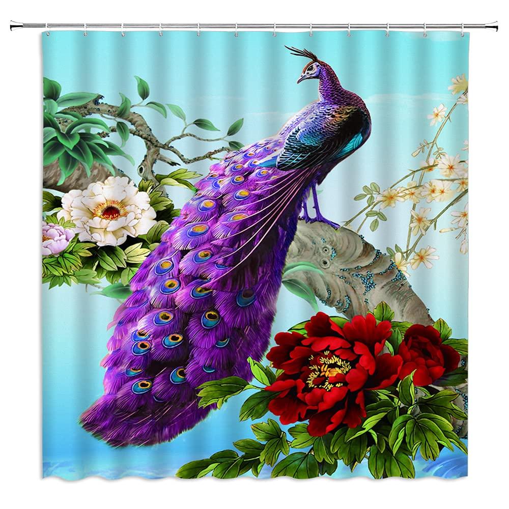 Peacocks Shower Curtains Chinese Birds Feather Bathroom Curtains Retro Flower Waterproof Polyester Bathtub Screen With Hooks