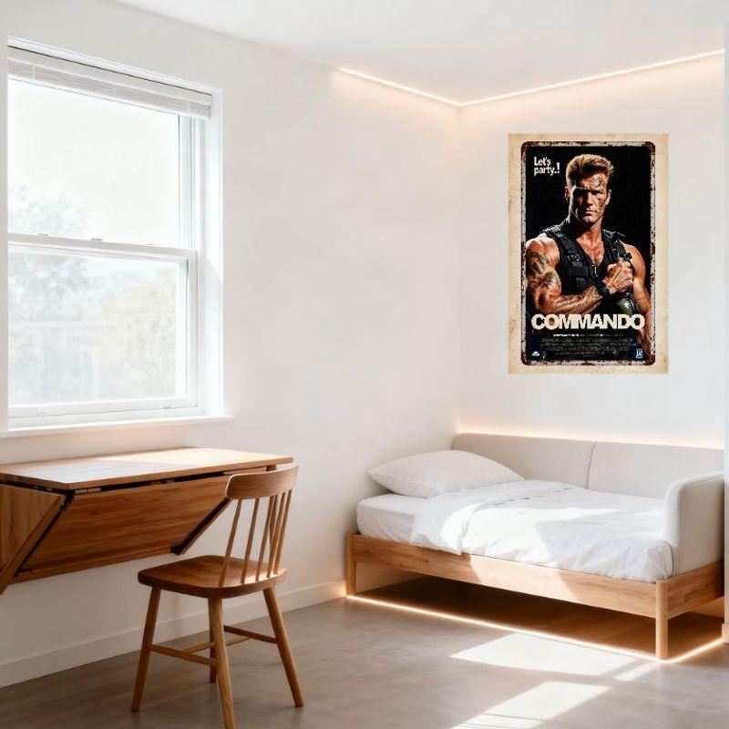 Commando Movie Poster Schwarzenegger Vintage Metal Sign, Muscular Warrior with Tattoos, Retro Rusty Frame, R-Rated for Bar Home