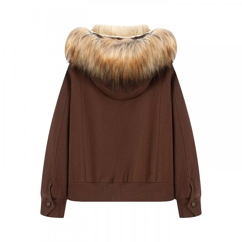 Womens Oversized Cargo Jacket With Faux Fur Collar Hooded Short Coat In Vintage Brown Slim Fit Streetwear