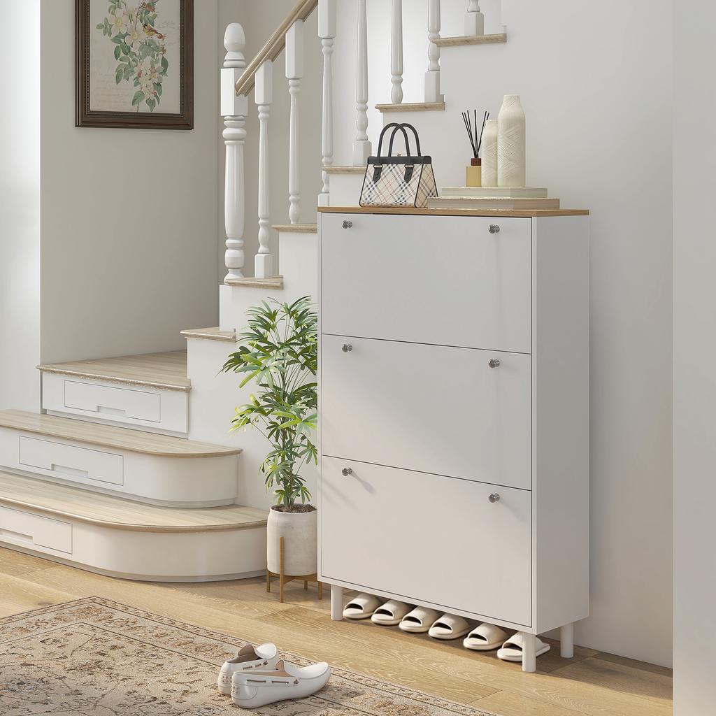 Shoe Cabinet 24 Pairs Narrow Shoe Cupboard With 3 Flip Drawers Adjustable Shelves White