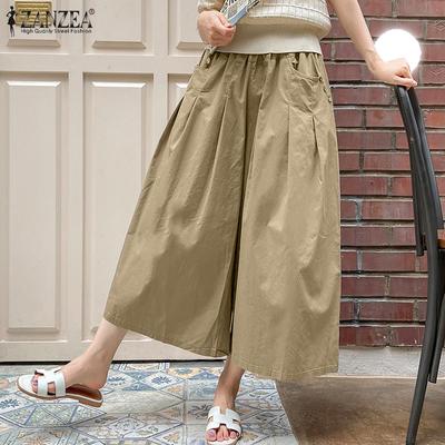 Pantaloni a gamba larga con pieghe e tasche elastiche estive da donna