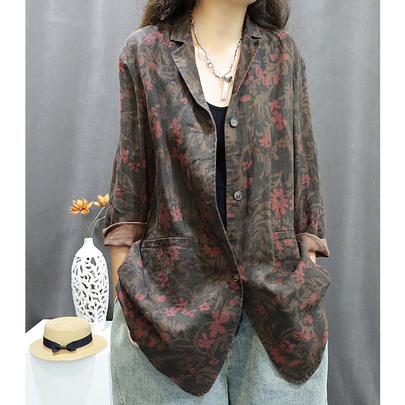 Women s Cotton & Linen Retro Print Loose Fit Long Sleeve Suit – New Style, Casual & Versatile Medium