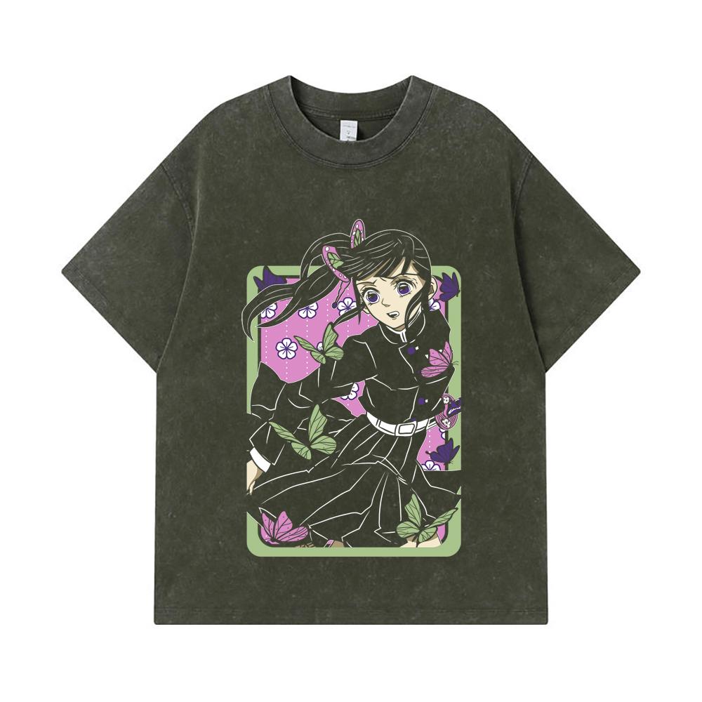 Koszulka z nadrukiem Kanao 275 GSM, 100% bawełny, z nadrukiem Demon Slayer V77, unisex, z grubej bawełny