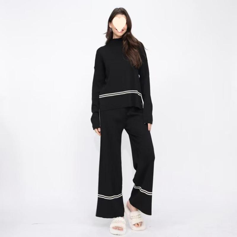 

Женский повседневный спортивный костюм с полосатой отделкой, топ с длинным рукавом и высоким воротом и брюки широкого кроя One Size чёрный