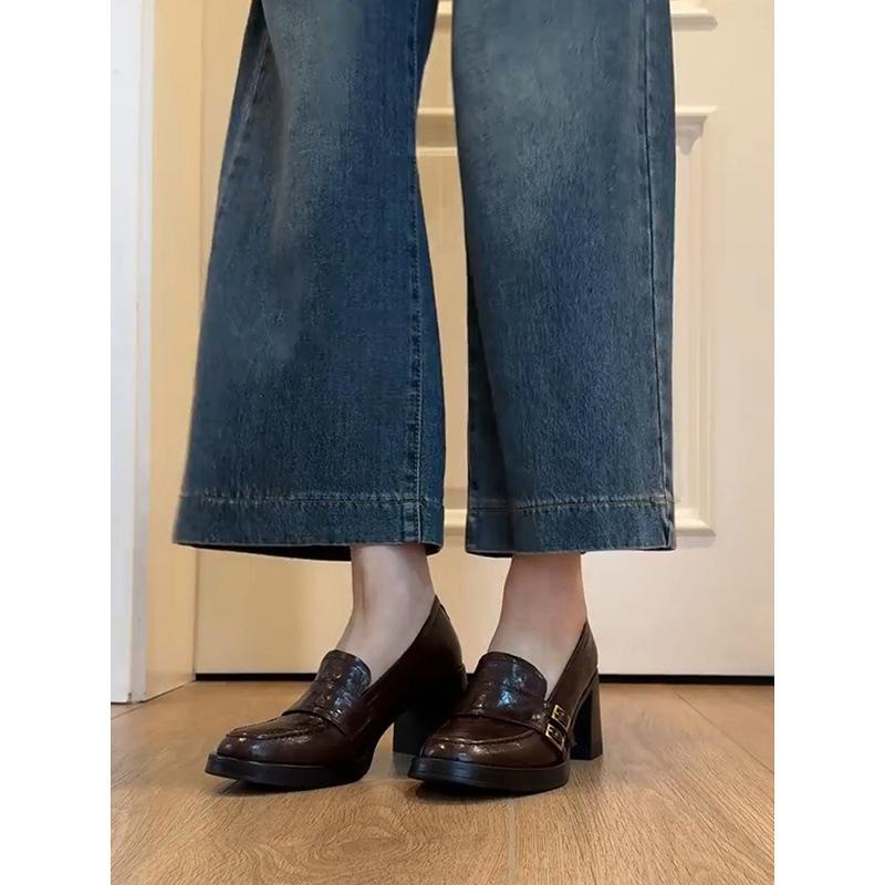 Schafsleder-Version~ Britischer Stil Leder High-Heel Slipper Damen Ein-Pedal Retro Vielseitige Pendlerschuhe, Leise kleine Lederschuhe