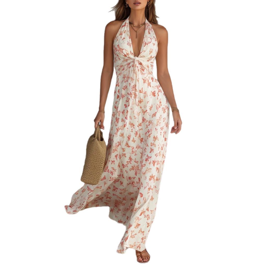 2026 new European and American style neck V-neck sexy style printing design sleeveless long dress