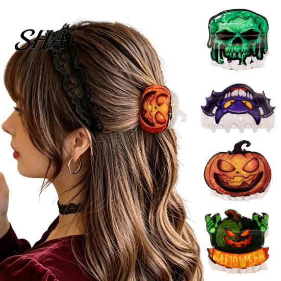 Cool Pattern Hair Accessory Back Head Claw, Reinforced Shark Clip with Elastic Base, Halloween Skull Claw Pumpkin Bat Patterns for Bun Half-Tied Style