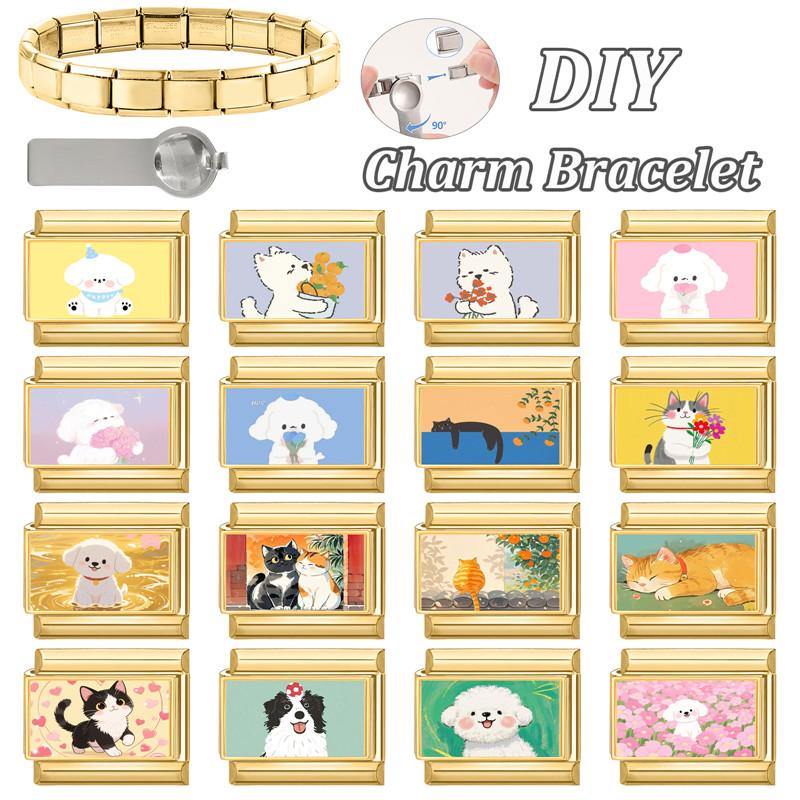 New Lovely Cat Dog Flowers Gold Color Italian Charm Links Fit 9MM Stainless Steel Bracelet Women Men DIY Making Christmas Gifts