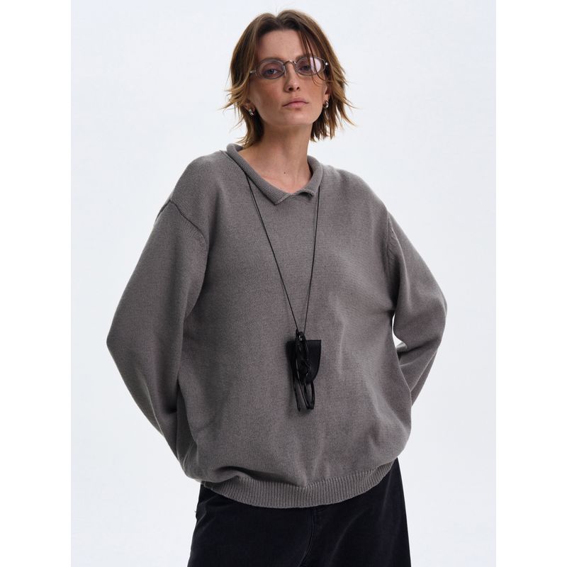 Madwitch American-Style High-Fashion Light Luxury Knit Top for Men and Women, Loose Casual Solid Color Simple Lapel Long-Sleeve Trendy