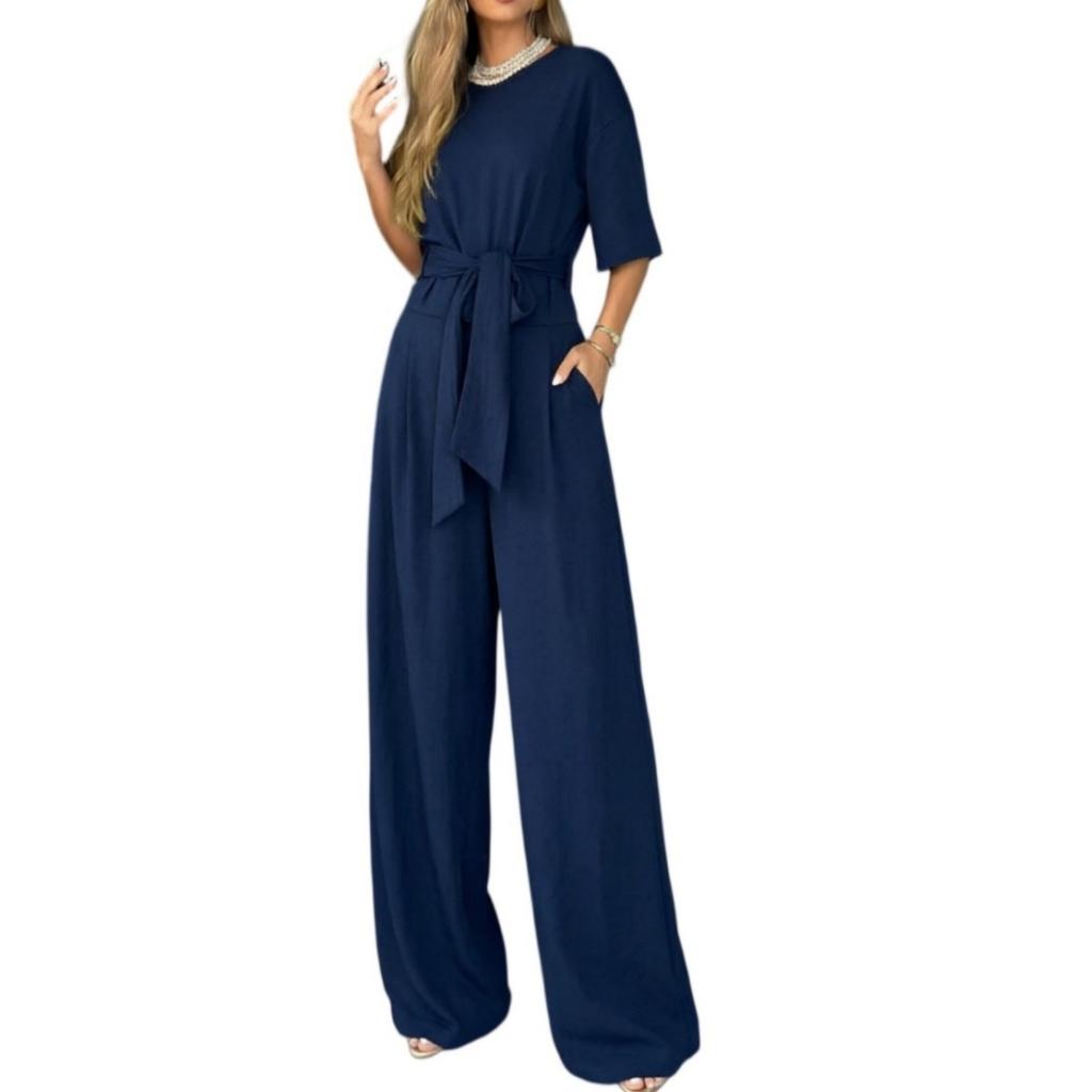 Conjunto de Pantalones Anchos de Corte Holgado con Top de Manga Corta y Cuello Redondo con Detalle de Lazo en la Cintura Conjunto Casual de Dos Piezas para Mujer