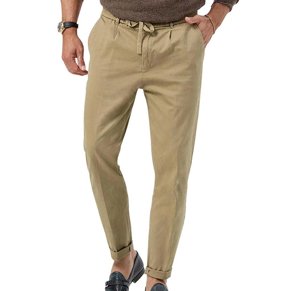Mens Tapered Pants Casual Linen Pants Elastic Waist Slim Fit Beach Yoga Business Lightweight Cotton Trousers With Pockets