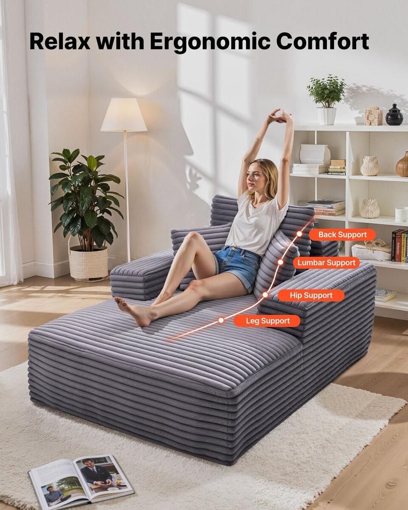 Chaise Lounge Chair, 1380 Mm Boneless Chaise Lounge Indoor, Modern Upholstered Oversized Reading Chair with Throw Pillows & Armrests, Sofa Couch Deep