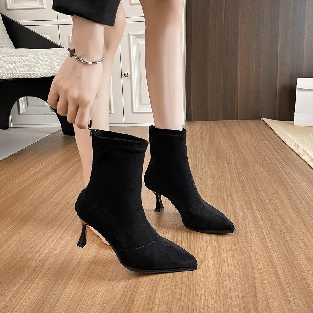Cowhide version pointed high-heeled women's short boots fashion autumn and winter elastic women's boots European and American versatile niche desig