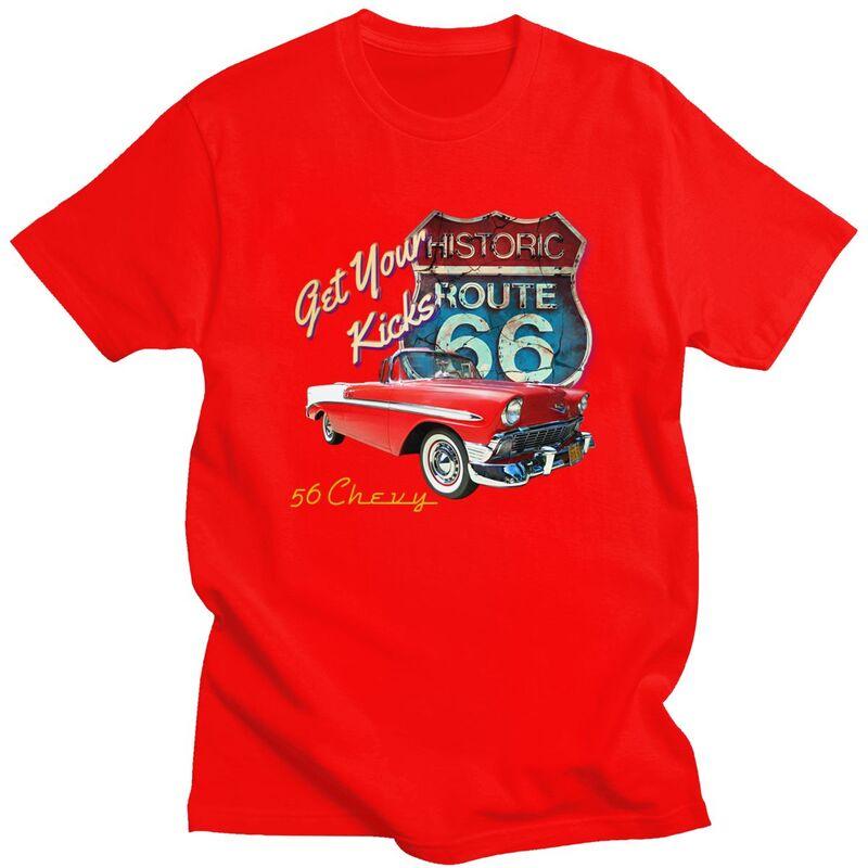 Custom Classic Car Route 66 T Shirt for Men 100 Cotton Tshirt Casual Tees Short Sleeve Tshirts Loose Fit Clothing Gift