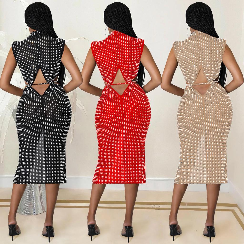 Damen Sexy Netz Durchsichtig Heißer Strass Hohl Schlitz Kleid C5796
