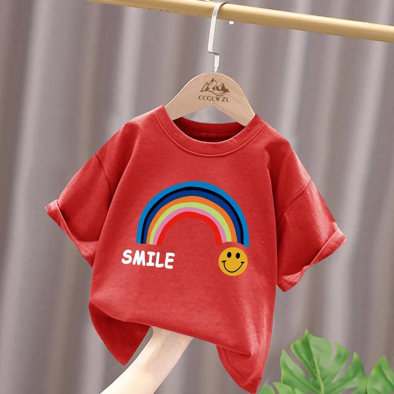 Summer Cotton Children Tshirt Cartoon Rainbow Smile Face Printed Korean Kids Tshirt Boys Girls Comfortable Short Sleeve Tee Top 110