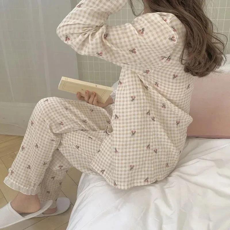 Spring and Summer Women's Silk Plaid Cherry Long Sleeved Loose Cardigan Home Clothes Sleepwear Loungewear Set
