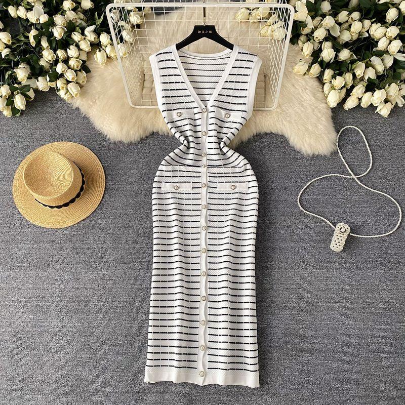 

Ladies Elegant Classic Style Stripes Dress Women s Summer Fancy Fashion Casual Long Knitting Vest Dress White All yards