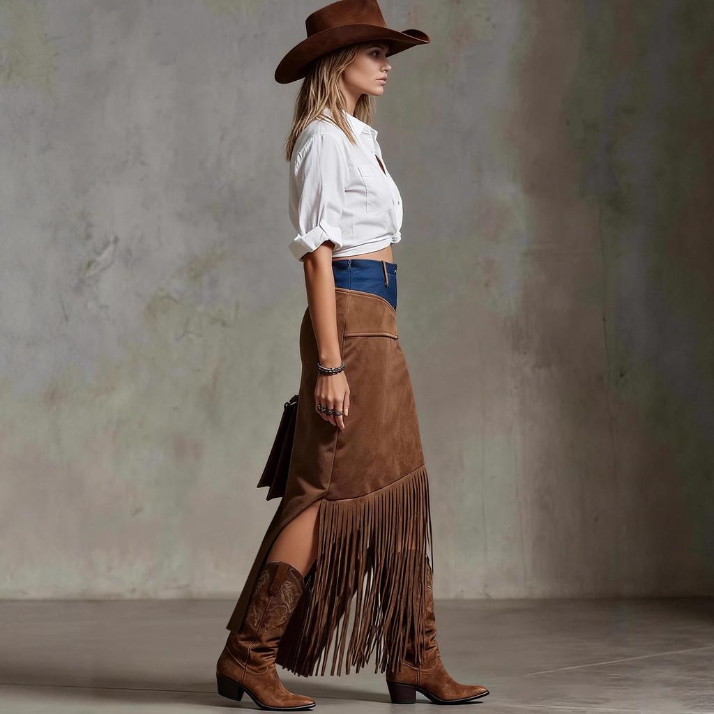 New Fringed Spliced Denim Hem Irregular Suede Skirt