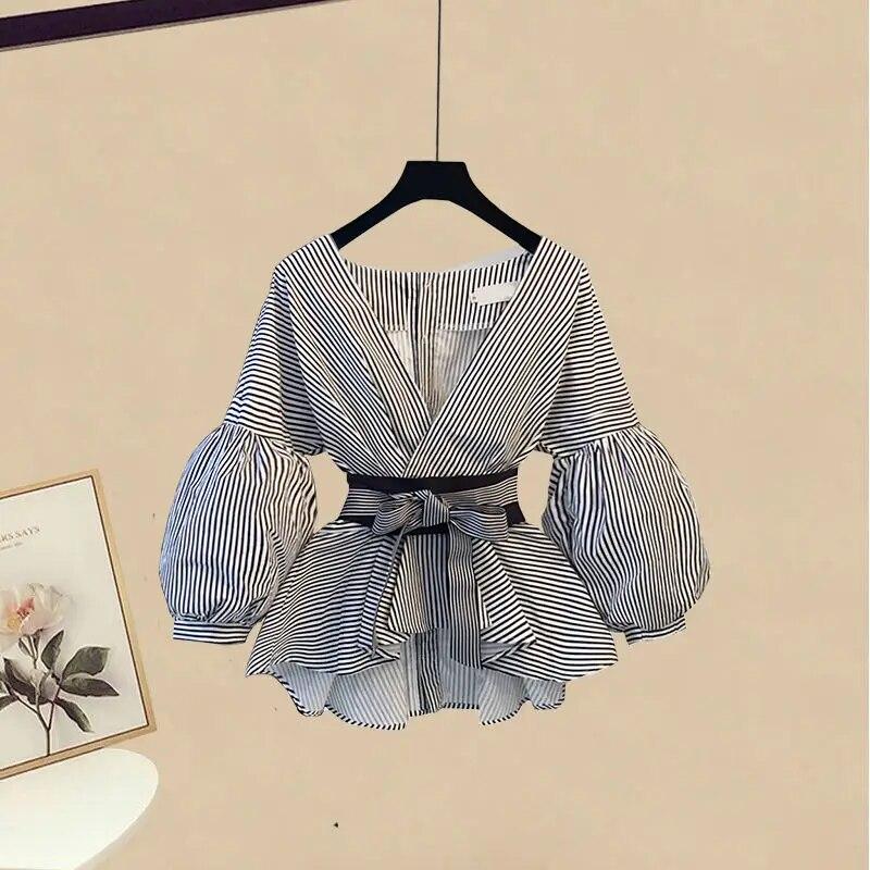 Large Size Women's Clothing Spring Summer Long Sleeved T-shirt + Temperament High Waist Skirt Two-piece Set