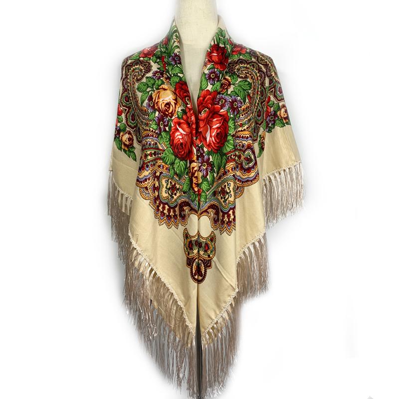 135*135cm Women Russian Style Big Square Scarf Shawl Retro Fringed Cotton Print Scarves Hijab Wraps Ethnic Shawls Bandana