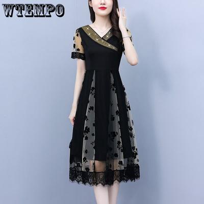 Elegante decote em V emendado renda bainha malha vestido verão moda feminina temperamento impressão cintura alta comprimento médio vestidos linha a