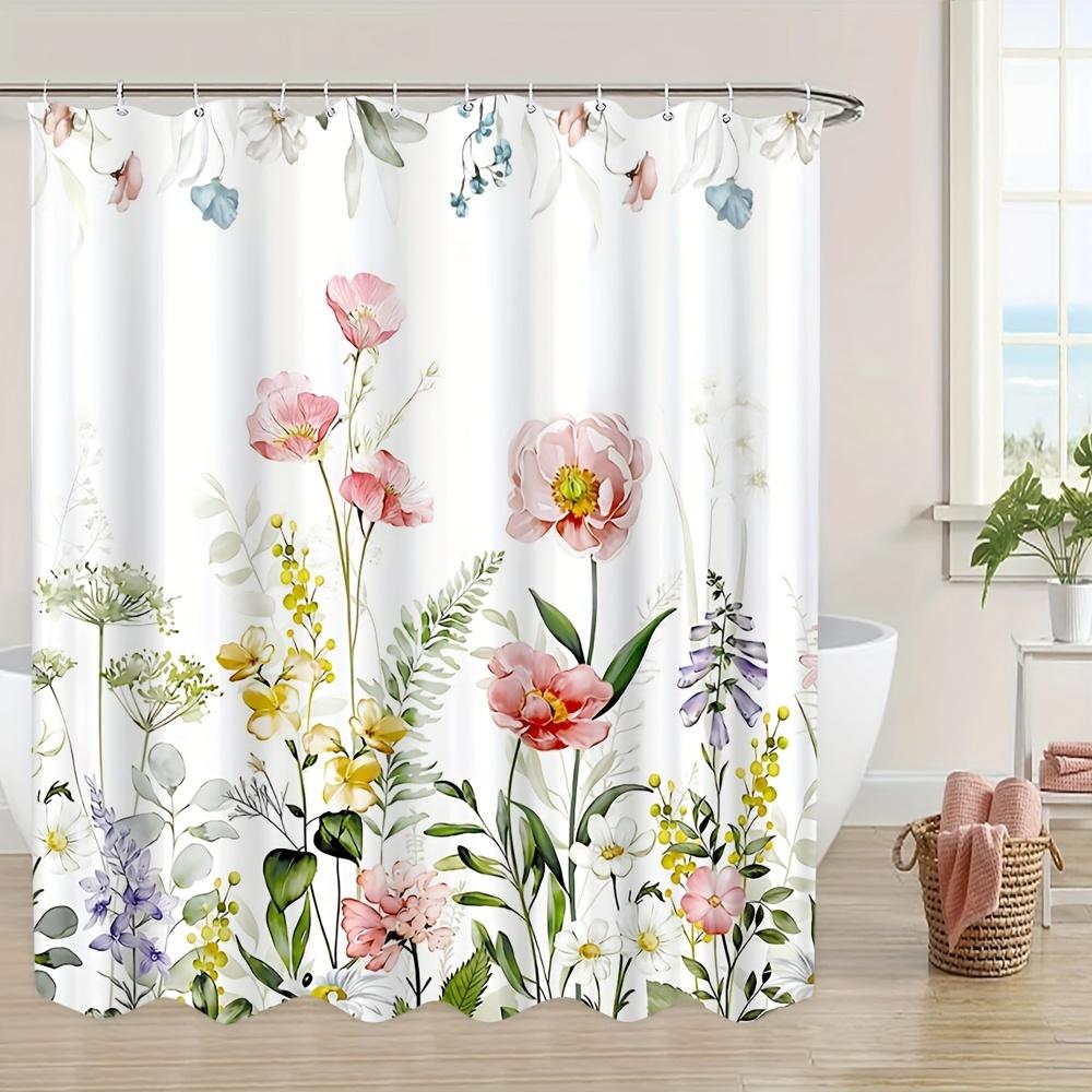 Charming Floral Bath Curtain - Delicate Flowers & Green Leaves, Waterproof Home Decor Adds Natural Beauty To Your Bathroom