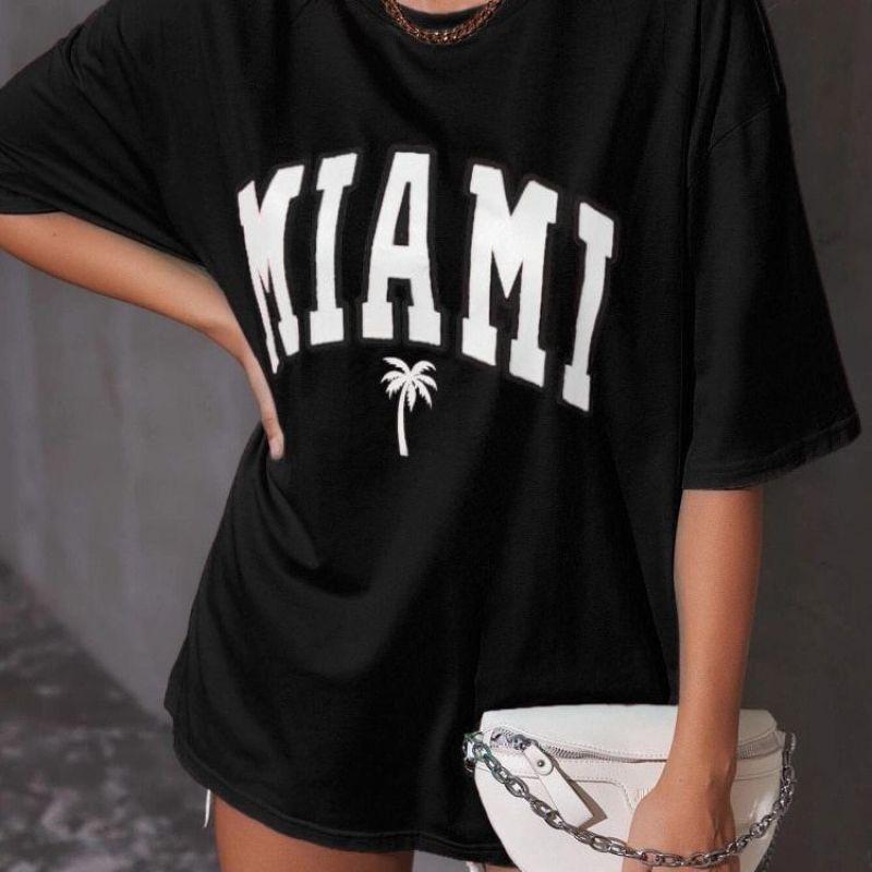 MIAMI Kokospalme Kombinasjonstrykk Stor Størrelse T-skjorte med Lav Skuldersøm for Kvinner Sommer Mote Casual Dame Topp Slapp Stil