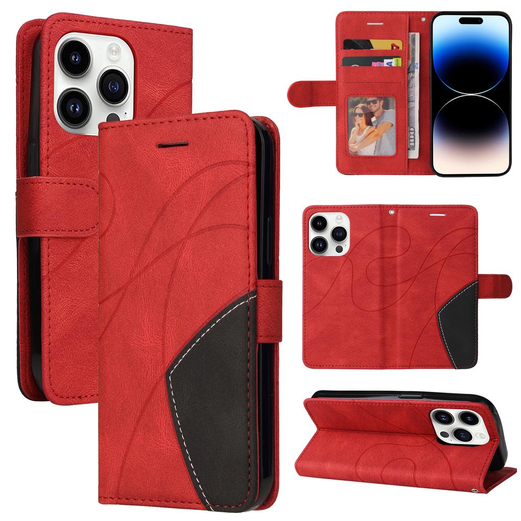For iPhone 15 Pro Leather Phone Case Stand Wallet with Bi-colour Splicing Design