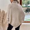 Women's Winter High Collar Asymmetric Hem Cape Sweater, Button Decoration Bat Sleeve Fried Dough Twists Weave Texture