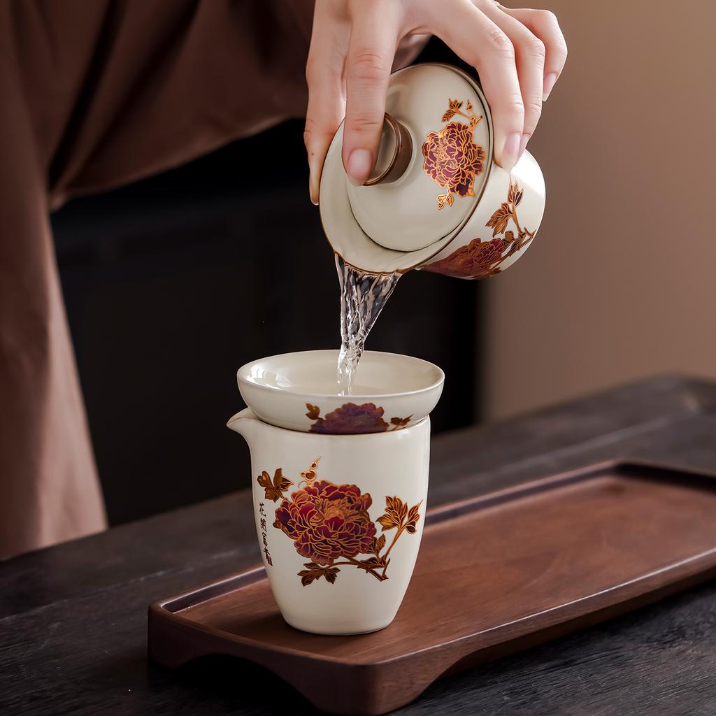 New Ceramic Color-changing Ru Kiln Tea Set, Flower Blooming Rich Cover Bowl, Teacup Fair Cup Set