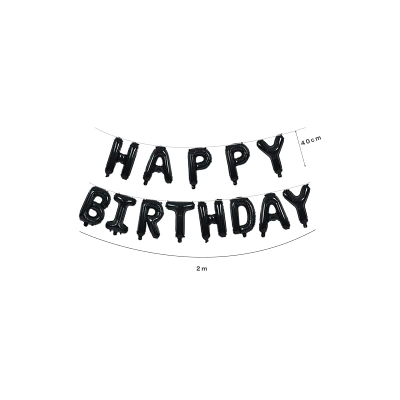 HAPPY BIRTHDAY letter balloons, black, in English, with Roman alphabet, perfect for birthdays or other special occasions.