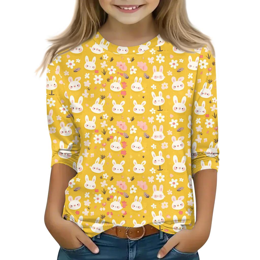 Print Tops For Youth Girls Round Neck 3/4 Sleeves T-Shirts Trendy Tops Outfit Tees