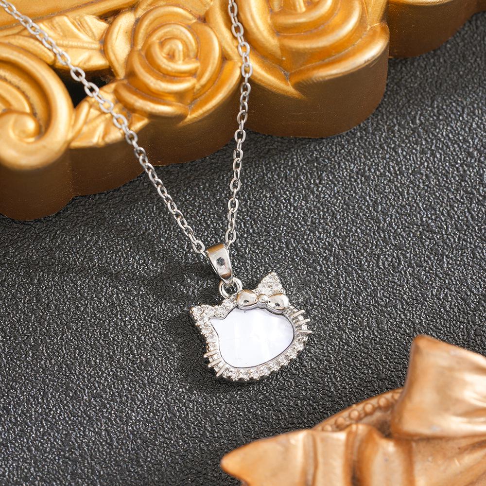 Zircon Cartoon Cat Pendant Necklace for Women - Cute Kitty Clavicle Chain Accessory
