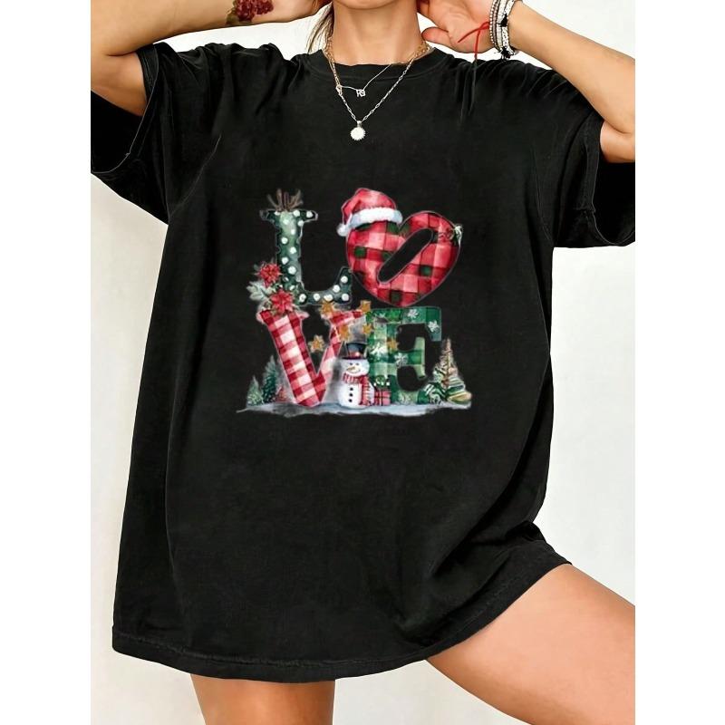 Christmas Oversized T Shirt Black Love Christmas Print With Reindeer Snowman And Plaid Heart Holiday Party Wear