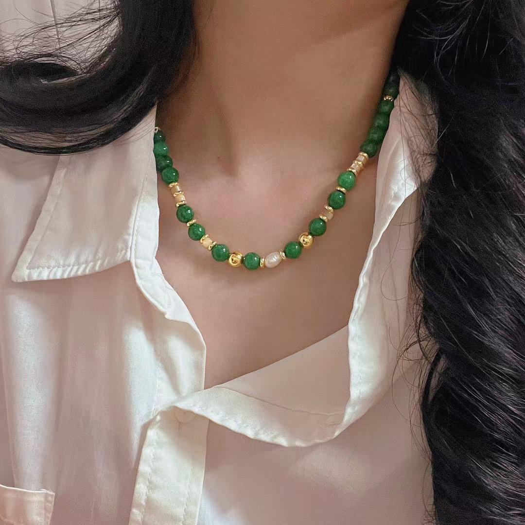 Vintage Natural Freshwater Pearl Shell Artificial Dry Green Jadeite Quartzite Collarbone Chain Necklace