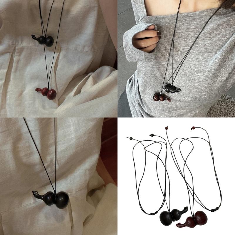 Artistic Wood Gourd Sweater Chain Necklace Cultural Style Wood Gourd Pendant Necklace Neck Chain Jewelry for Casual Wear