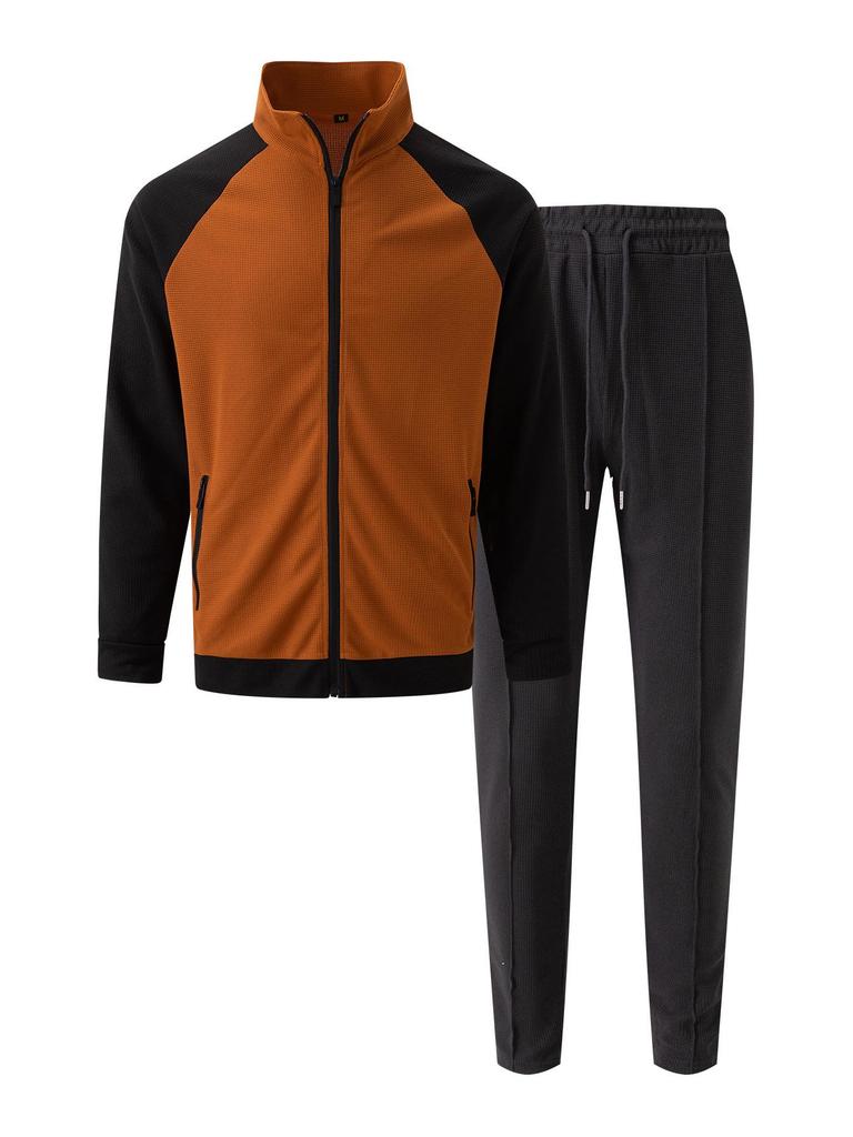 Men's Color Block Waffle Jacket and Sportswear Set - Autumn/Winter Collection