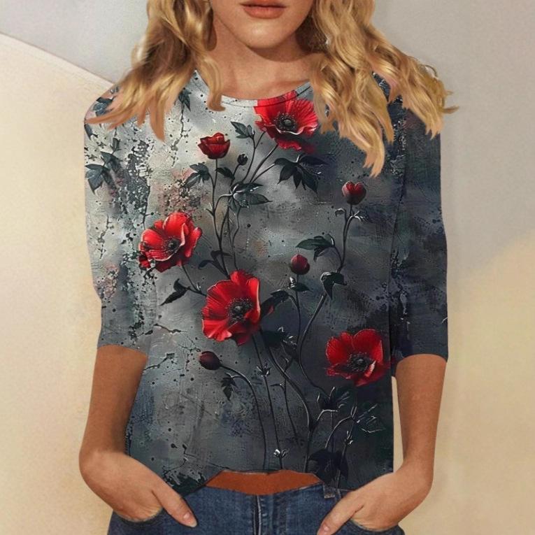 Casual Fashion Top Crew Neck Print Long Sleeve Comfortable T-Shirts Women s S
