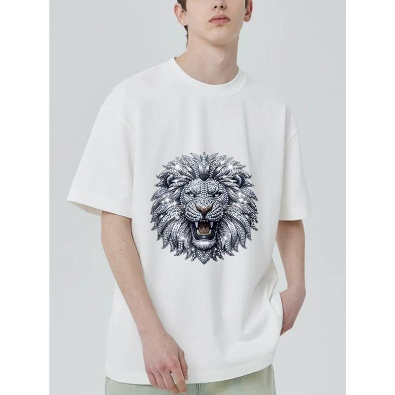 Black T-Shirt with Silver Lion Head Print for Casual Wear