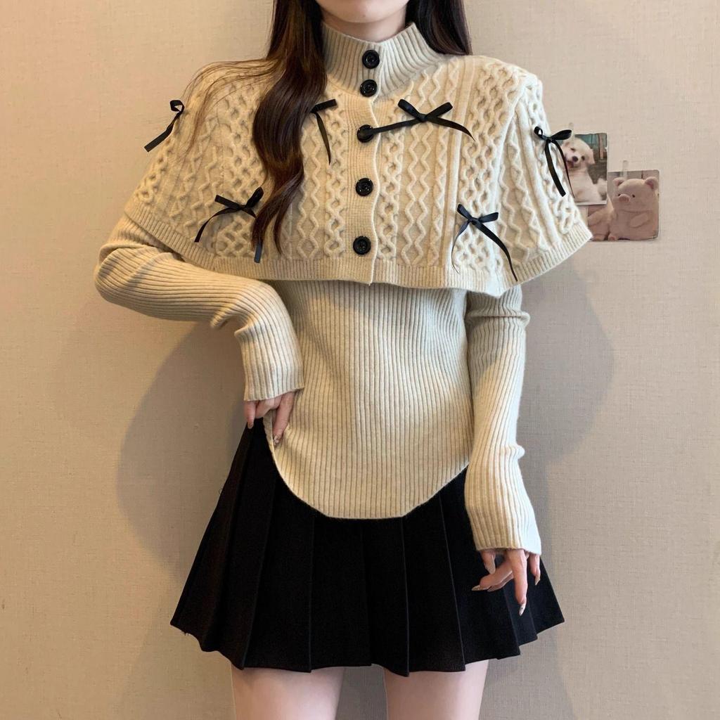 Women's Christmas Red Knitted Sweater: Half High Neck, Long Sleeve Cape Shawl for 2025 Autumn