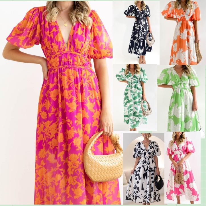 

Women s Floral Print V-Neck Short Sleeve Dress with Elastic Waist, Casual Summer Dress XL зелений
