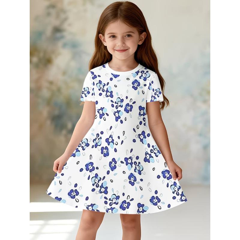 Cute and Shiny Magic Wand Princess Print Girl Casual Dress Fairy Tale Design Short Sleeved Dress Suitable for Birthday Gifts