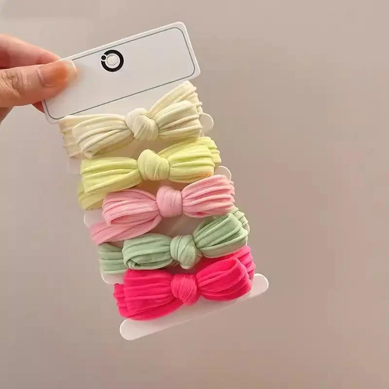 5pcs/Set Simple Bow Hair Ties Ropes Colorful Elastic Seamless Ponytail Holder Rubber Band For Toddler Girls