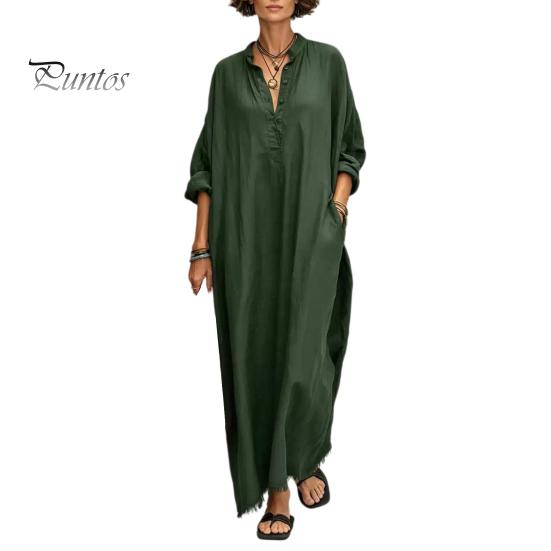 Casual Dress Summer Maxi for Women, V-Neck Oversized Boho Long Elegant Dress, Sleeve Button Up Vacation Sundress with Pockets Soft Fabric