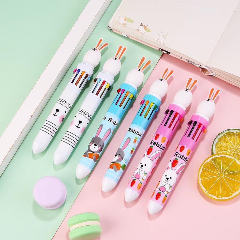 1Pc Kawaii Cute Rabbit Multicolor Pen 0.5mm Colorful Ink Pen Cartoon Creative Gel Cartoon Bunny Pen Ten-Color Brown Colorful 10-Color Back To School S