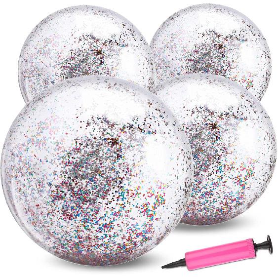 4 Pack 24Inch Glitter Beach Balls Inflatable Confetti Sports Beach Balls 16 Inch Floatable Sequin Beachballs Pool Toys Balls Giant Clear Beach Ball