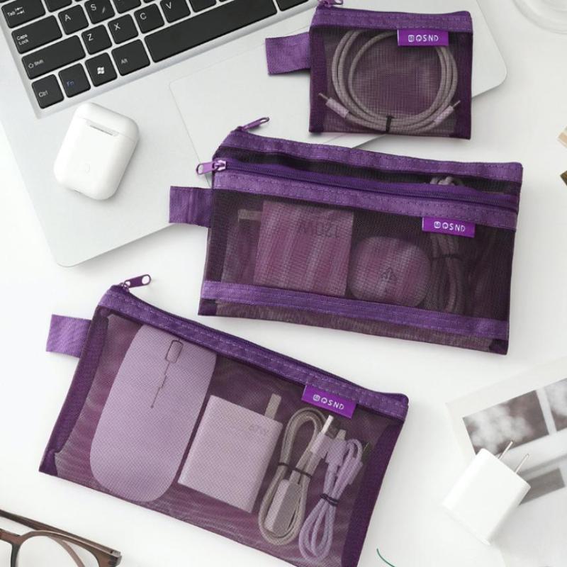 6Pcs/Set Transparent Mesh Storage Pouch Makeup Toiletry Bag Travel Organizer Cable Coin Key Earphone Charger Card Holder