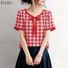 ZANZEA Women Bow Collar Casual Short Sleeve Plaid Print Blouse