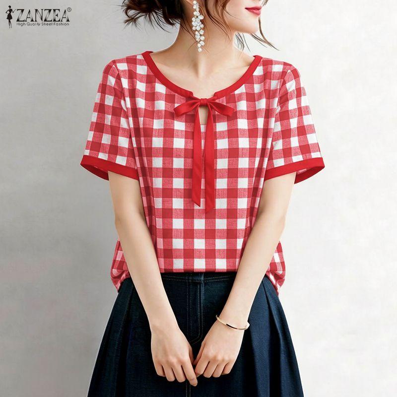 ZANZEA Women Bow Collar Casual Short Sleeve Plaid Print Blouse